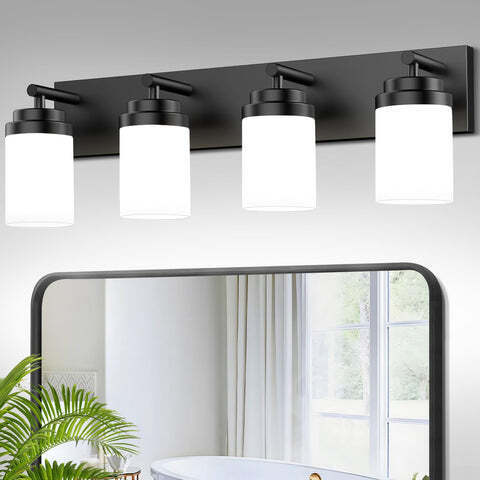 LKHF 4-Light Modern LED Bathroom Vanity Light, Matte Black with White Glass Shade
