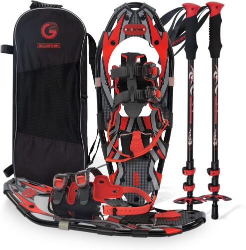 G2 21 Inches Light Weight Snowshoes for Women Men Youth, Set with Trekking Poles, Tote Bag, Special EVA Padded Ratchet Binding, Heel Lift, Toe Box, Red - Lot 9086