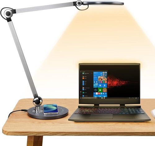 Desk Lamp,Led Architect Desk Lamp,Desk Lamps for Home Office,Table lamp with Wireless Charger & Adjustable Swing Arm,Touch Control, 3 Lighting Mode,5 Brightness,Eye-Caring Office Lamp - Lot 9087