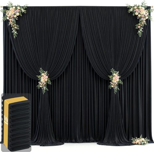 Tao-Ge 50ft x 12ft, (10 Panels-W5'xH12') Black Backdrop Curtains Wrinkle Free Backdrop Curtain for Wedding Parties Black Fabric Backdrops Drapes Back Drop Cloth Bridal Shower Stage Curtains Wedding Decorations for Reception - Lot 9092