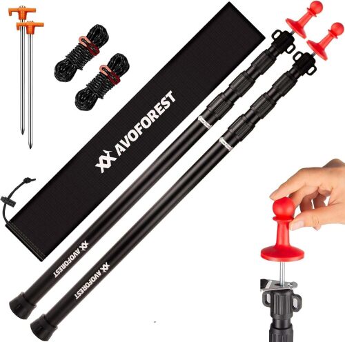 Tarp Poles Heavy Duty Adjustable, AVOFOREST Aviation Aluminum 8.7FT Telescoping Tent Poles with Protection Cap Wind-Resistant Awning Collapsible Poles Set of 2 for Tarps - Canopy - Awning - Hiking - Lot 9105