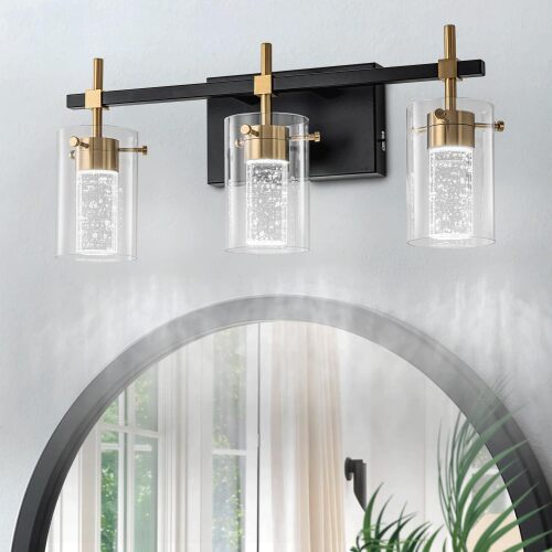 3-Light Black and Gold Vanity Light with 3 Color Modes (3000K/4000K/6000K), Eye Protection LED Bathroom Light Fixture, Dimmable Modern Wall Light Over Mirror with Clear Glass Shade - Lot 9110