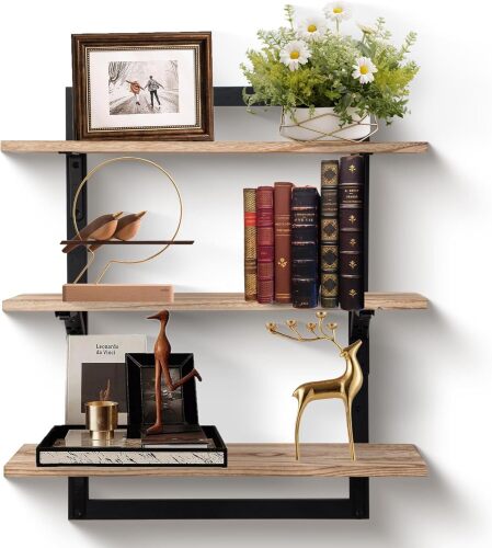 24-Inch Floating Shelves for Wall，3-Tier Wooden Wall Mounted Kitchen Shelves with Foldable Brackets,Hanging Wall Shelves for Living Room, Coffee Bar，Bedroom, Bathroom,Rustic Brown - Lot 9145