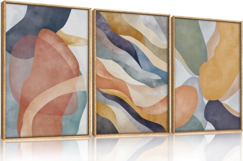 Large Abstract Neutral Framed Canvas Wall Art Set,Colorful Watercolor Block Wall Decor,Boho Geometric Illustrations Artwork for Living Room,Bedroom,Dining Room,Office - Lot 10104