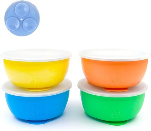 Elk and Friends Stainless Steel Bowls with Silicone Sleeve for Babies & Toddlers | Lids Included | Stay Put Suction | Cereal & Snack Bowls | 4 Pack - Lot 10120
