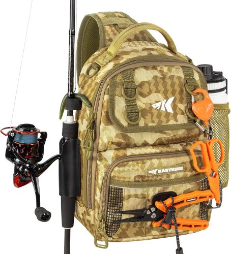 KastKing BaitSpace Fishing Sling Bag, Fishing Backpack with Rod & Beverage Holder, Tackle Bag for Fishing Gear - Lot 10121