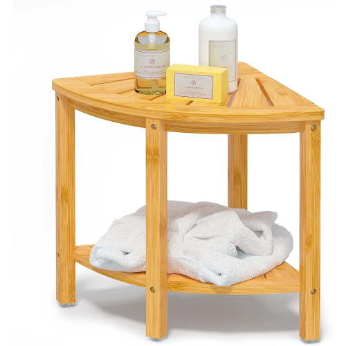 Corner Shower Bench,Bamboo Shower Stool with Storage Shelf,Natural - Lot 10133