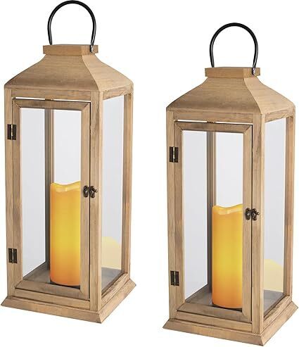 Bdor 2 Pack Large 22.5 Inch Decorative Lanterns with Flameless Pillar Candles, IP65 Waterproof Wooden Lanterns for Home Decor, Indoor Outdoor, Front Porch, Garden, Farmhouse, Wedding