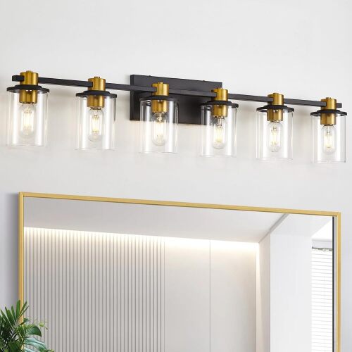 Bathroom Vanity Light, 6 Light Black and Gold Bathroom Light Fixtures, Sconces Wall Lighting with Clear Glass Shade, Modern Brushed Gold Vanity Lighting fixture