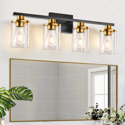 4 Lights Bathroom Light Fixtures, Brushed black finish Bathroom Vanity Lights Over Mirror, Wall Sconces with Clear Glass Shade, Brushed Nickel Vanity Light Fixture