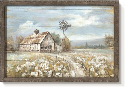 Barn Framed Wall Art Decor: Rustic Farmhouse Wooden Picture Country Windmill Meadow Landscape Painting Blue Sky and Wild Flowers Prints Artwork