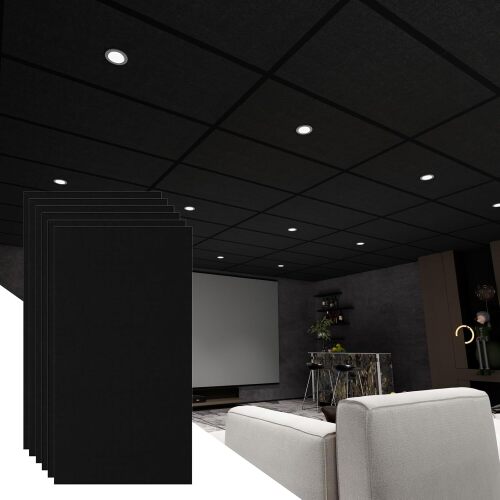 LooYee 12 PCS Black Polyester Fiber Acoustic Ceiling Tiles Reduce Light Reflection 2X4 Ft Soundproof Ceiling Panels 0.36" Thick Moisture Resistant Ideal for Home Theater Basement Cover 96 Sq.Ft