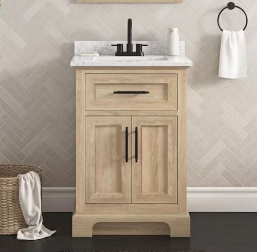 Home Decorators Collection Doveton 24 in. Single Sink Freestanding Weathered Tan Bath Vanity with White Engineered Marble Top