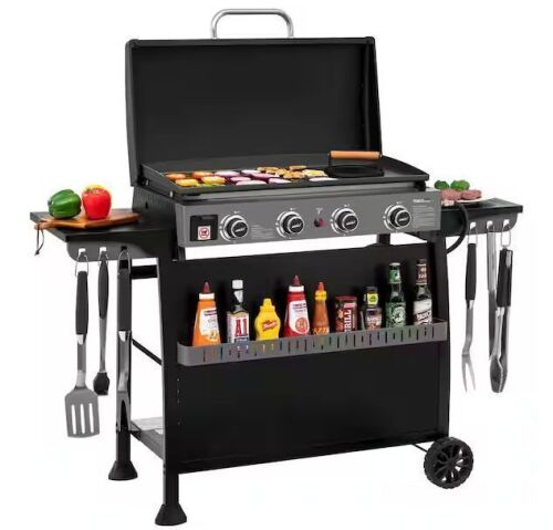 Royal Gourmet 30-Inch 4-Burner Propane Gas Griddle with Hood, Free-Standing Cart with Side Shelves and Hooks