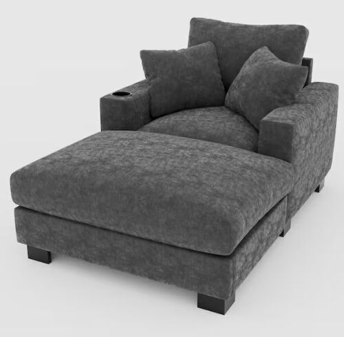 Noble House Monica Gray Polyester Upholstered Chaise Lounge with Ottoman, USB Ports, Cup Holders, Pillows