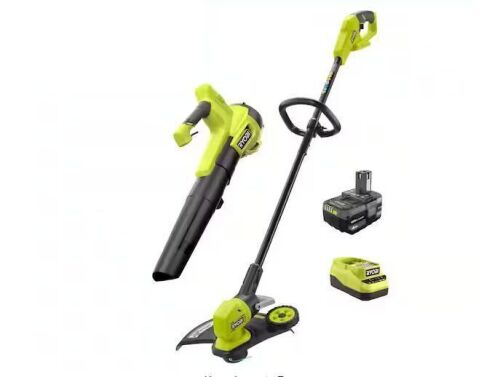 RYOBI ONE+ 18V Cordless Battery String Trimmer/Edger and Jet Fan Blower Combo Kit (2-Tools) with 4.0 Ah Battery and Charger