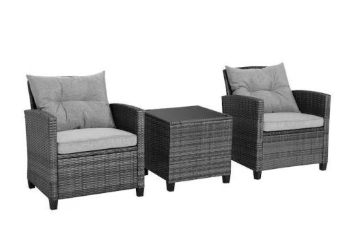 HONEY JOY 3-Piece Outdoor Furniture Set Wicker Patio Conversation Set with Gray Cushions Tempered Glass Side Table