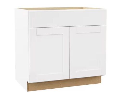 Hampton Bay Shaker 36 in. W x 24 in. D x 34.5 in. H Assembled Sink Base Kitchen Cabinet in Satin White