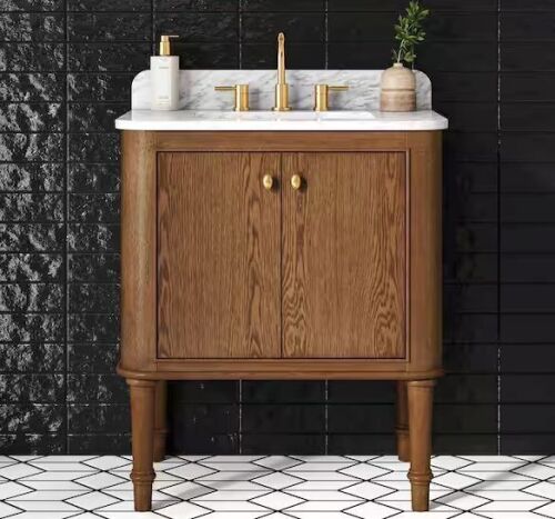 Home Decorators Collection Collette 30 in. Single Sink Cinnamon Oak Bath Vanity with White Carrara Marble Top - Cracked Top