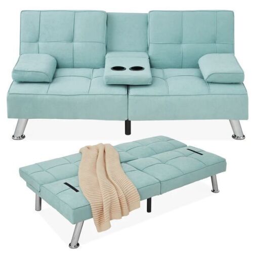 Linen Upholstered Convertible Sofa Bed Futon w/ 2 Cupholders