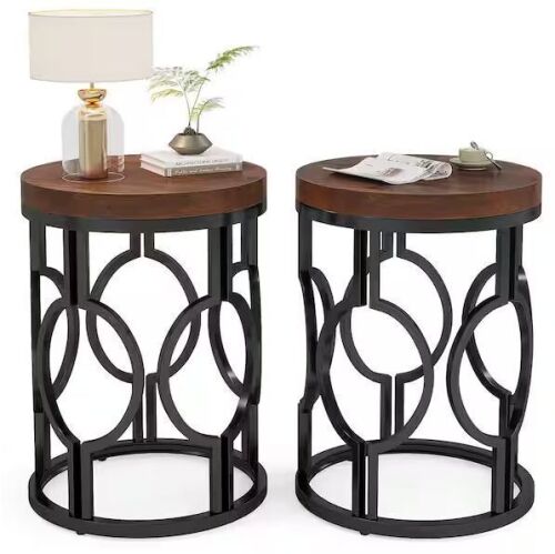17.72 in. Rustic Brown Round Engineered Wood End Table Set of 2