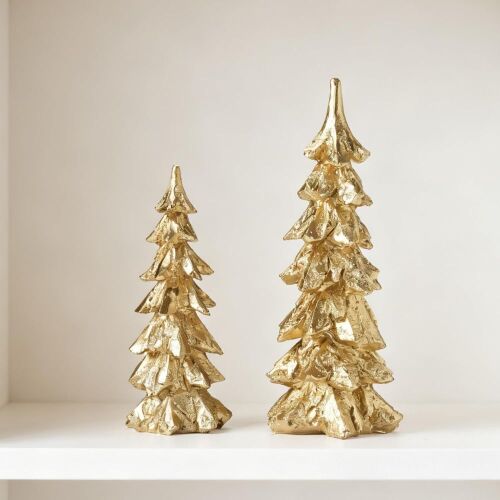 Gold Resin Christmas Tree Figurines with Weathered Finish, 2 pc