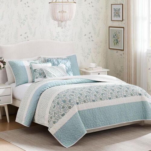 Madison Park 6pc Full/Queen Reversible Stella Percale with Throw Pillows Quilt Bedding Set