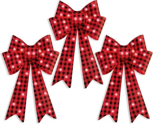 Set of 3 Pre-Lit Christmas Bow Decoration, LED Holiday Decor w/ 8 Functions - Lot 756