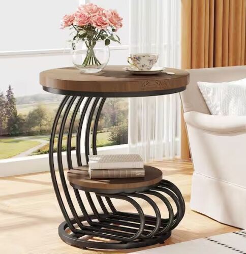 BYBLIGHT Kerlin 19.68 in. Brown Round Wood End Table with 2 Tiers Storage Shelves