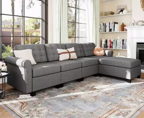 PHI VILLA 102.2 in. Modern L Shaped Linen Sectional Sofa in Gray with 1-Ottoman - Lot 16JF