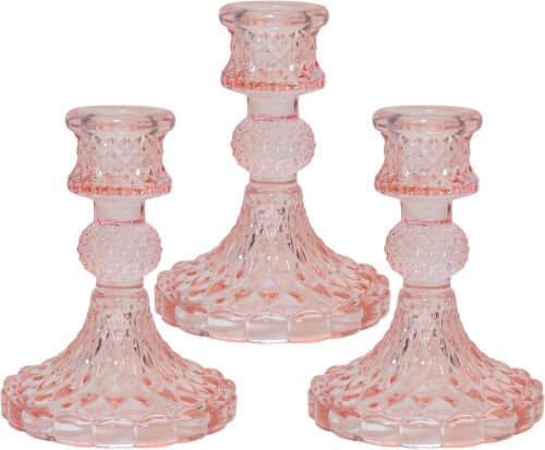 Pink Glass Candlestick Holder, 3pc
