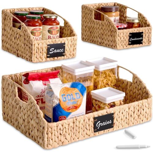 Water Hyacinth Pantry Storage Baskets, Wicker Baskets w/ Built-in Handles
