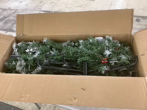 9' Pre-Lit Partially Flocked Spruce Pencil Tree w/ Berries, Pine Cones