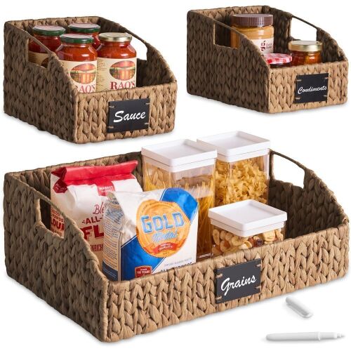 Water Hyacinth Pantry Storage Baskets, Wicker Baskets w/ Built-in Handles