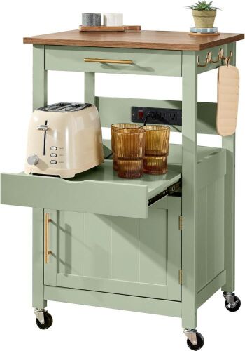 Rolling Kitchen Island Cart, Cabinet W/ Drawer, Sliding Tray, Outlet, Wheels - Lot 320