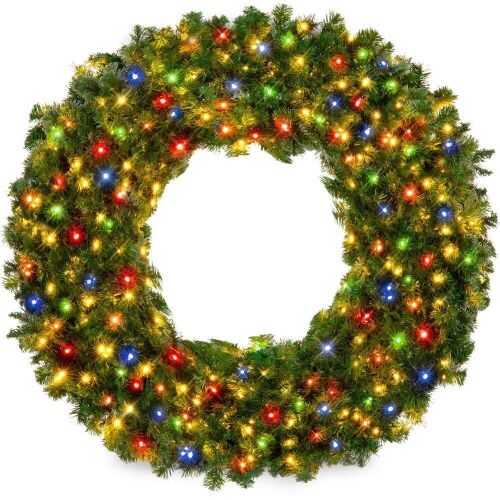 36" Pre-Lit Artificial Fir Christmas Wreath w/ Multicolor LED Lights, PVC Tips