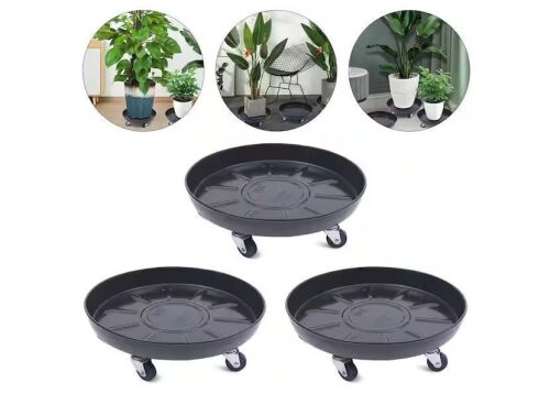 Black Round Iron Indoor Outdoor Plant Flower Pot Saucer Heavy-Duty Flower Pot Tray with Universal Wheels (Set of 3)