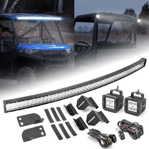 WeiSen Front 50" 288W Curved LED Light Bar Pro-Fit Cage Mount Kit ＆ Rear Roof Pair 3" 18W Cube Lights for Polaris Ranger XP 1000 900 570 Crew 2013-2026