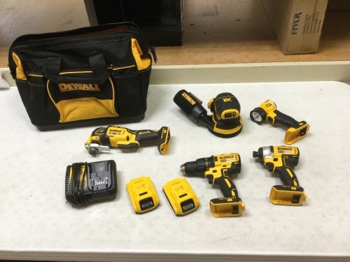 DeWalt 5-Tool Kit with (2) Batteries and Charger. Like New. Includes Drill, Impact, Sander, Multi-Tool, and Light - Lot 24