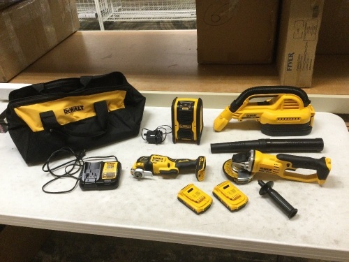 DeWalt 20V Tool Set. Includes: Grinder, Multi-Tool, Radio, Vacuum, (2) Batteries, and a Charger Like New Condition - Lot 46