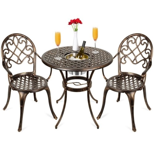 Cast Aluminum Patio Bistro Set w/ Ice Bucket, Chairs, Copper Finish. Appears New - Lot 91