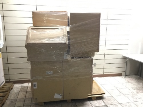 Pallet of Project Source Cabinets. Unfished. Various Sizes/Application. (1) Lazy Susan, (1) Corner Wall, (1) 36" Base, (1) 12" Base. E-Commerce Return. Unknown Condition. - Lot 230