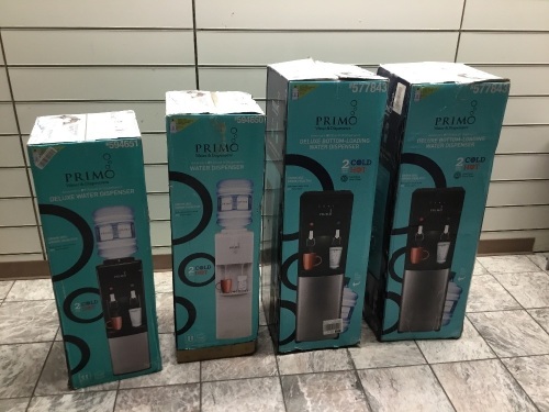 Lot of (4) Deluxe Water Dispensers. Hot & Cold Dispensing Features on Each. (2) Deluxe Bottom-Loading Water Dispeners. E-Commerce. Appear in Good Condition.  - Lot 239