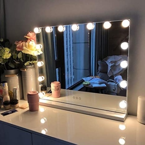 FENCHILIN Hollywood Lighted Makeup Mirror with 15 Dimmable LED Bulbs for Dressing Room & Bedroom, Tabletop or Wall-Mounted, Slim Metal Frame Design, White. Appears New.  - Lot 255