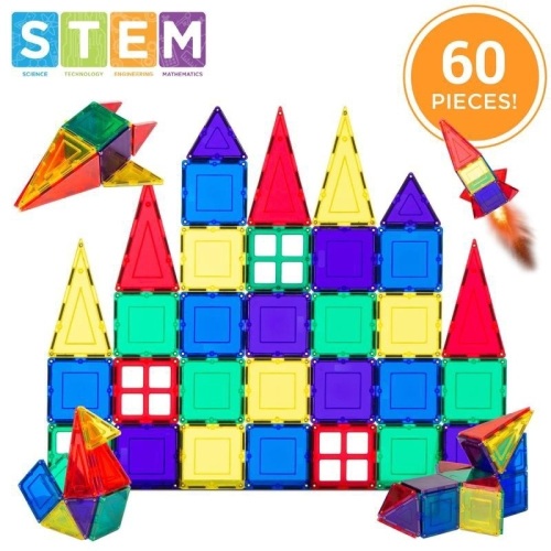 60-Piece Kids Mini Magnetic Tiles Educational STEM Toy Set w/ Carrying Case. Appears New  - Lot 324a