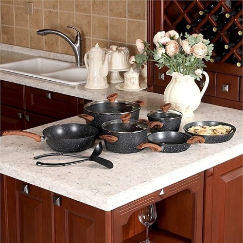 Kitchen Academy 12 Piece Nonstick Granite-Coated Cookware Set Suitable for All Stove Including Induction - Wooden Soft Touch Handle, Dishwasher Safe. New w/ Damaged Box.  - Lot 345