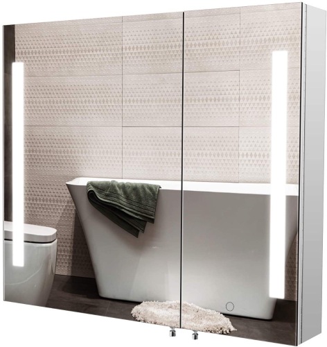 Homfa 30L x 26H inch Bathroom Mirror/Medicine Cabinet w/ LED Illuminated Double Doors. Surface Mount, Touch Button, Cold White Lights. Aluminum Frame. New w/ Minor Cosmetic Damage - Lot 441
