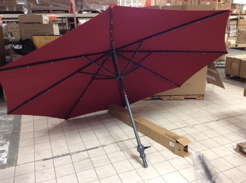 9' 6.5 x 10ft Outdoor Umbrella w/ Solar Lights, Push Button Tilt & Crank, Burgundy - Lot 462