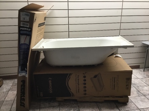 White Porcelain-Finished Steel Comfort Bathtub & Peerless White Acrylic Easy-Up Adhesive Bathtub Wall Set. E-Commerce.  - Lot 518
