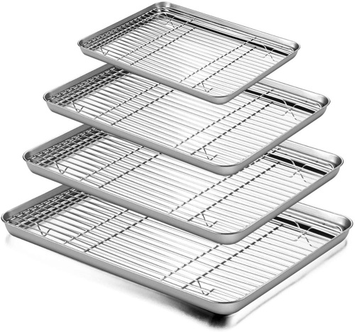 E-far Stainless Steel Rimmed Baking Pans w/ Cooling Rack, Non Toxic & Healthy, Rust Free & Dishwasher Safe, (8) Pieces, (4) Pans + (4) Racks), (4) Pan Sizes - Lot 528